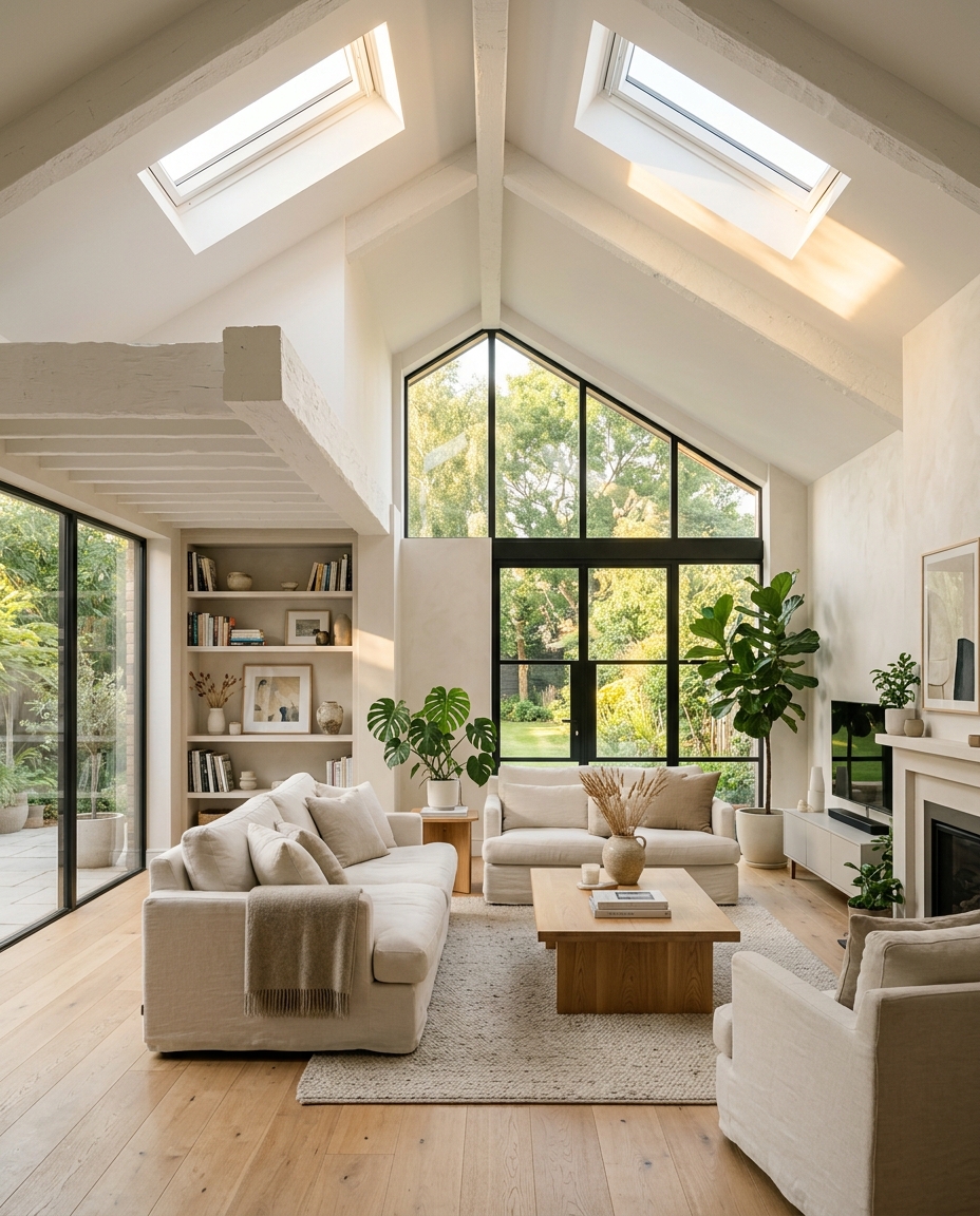 A bright living room filled with daylight from skylights